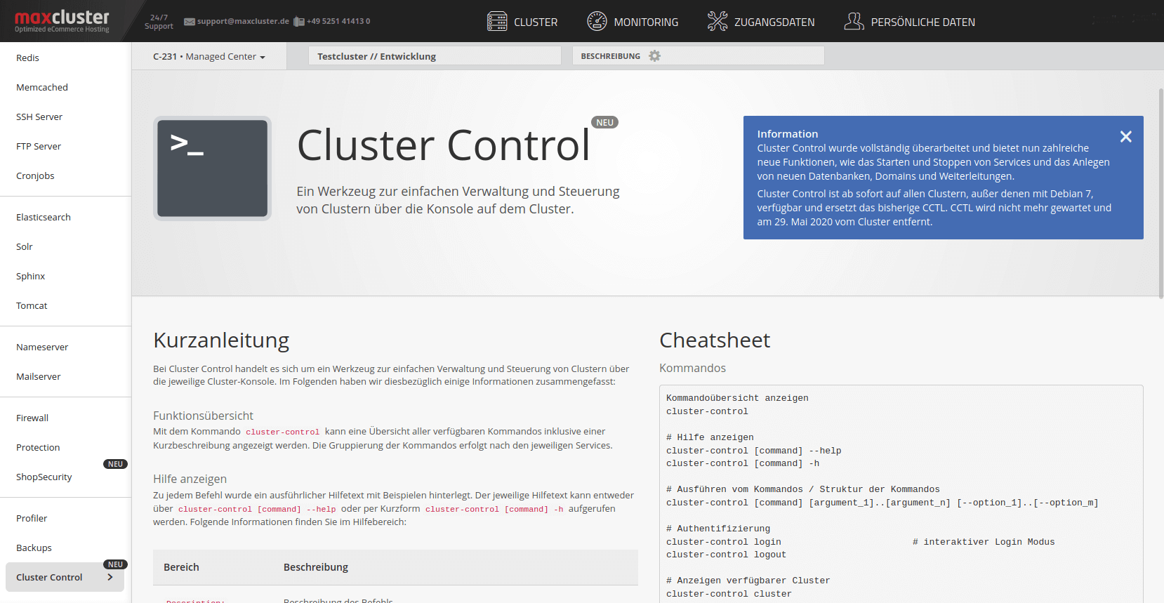 Cluster Control im maxcluster Managed Center